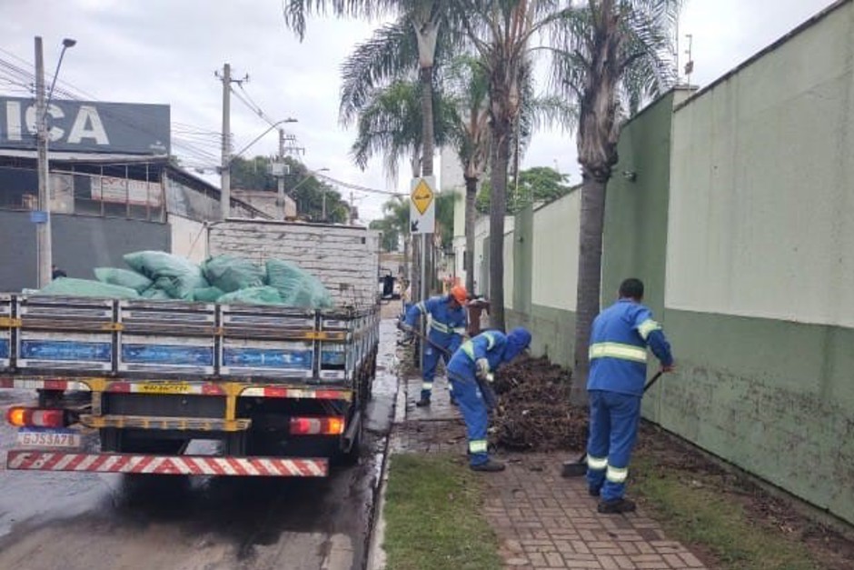 Colaboradores da equipe de manutenção da cidade retiram galhos caídos na calçada